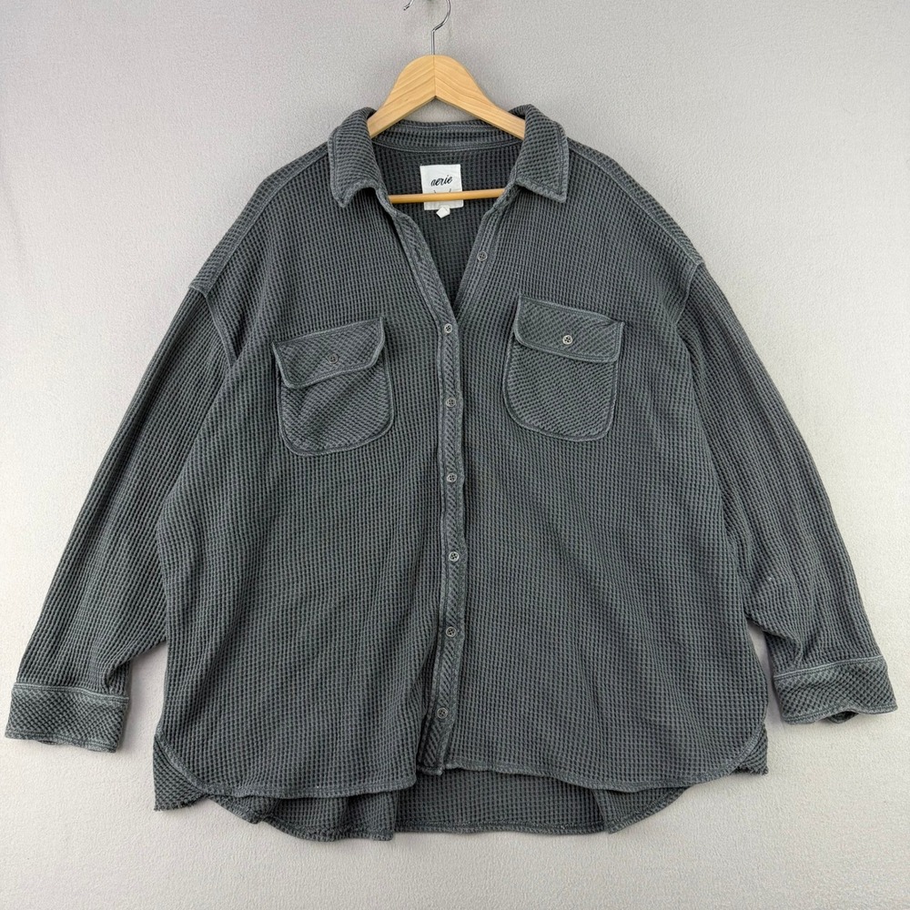 Aerie Waffle Knit Button Down Shirt Women Large Gray Casual Oversized Shacket